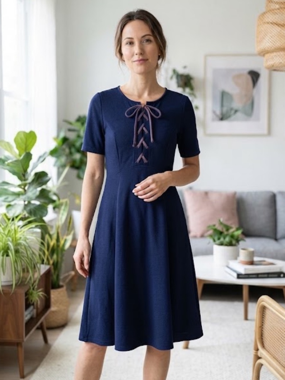 Anthropologie Maeve Navy Blue Lace Up Fit & Flare Dress XS Pockets
FF